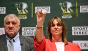 5 June 2025; Sports Direct marketing manager Sharon Lancaster draws out Ferns United FC during the Sports Direct Women’s FAI Cup first round draw at the Conference Centre on the Sport Ireland National Sport Campus in Abbotstown, Dublin Photo by Seb Daly/Sportsfile