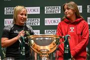 5 June 2025; Charlie Graham of Whitehall Rangers, left, and Kate Mooney of Shelbourne after the Sports Direct Women’s FAI Cup first round draw at the Conference Centre on the Sport Ireland National Sport Campus in Abbotstown, Dublin Photo by Seb Daly/Sportsfile