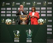 5 June 2025; FAI President Paul Cooke and Sports Direct marketing manager Sharon Lancaster during the Sports Direct Women’s FAI Cup first round draw at the Conference Centre on the Sport Ireland National Sport Campus in Abbotstown, Dublin Photo by Seb Daly/Sportsfile