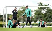 5 June 2025; Matt Doherty with Adam Idah, left, and Ryan Manning, right, during a Republic of Ireland training session at the FAI National Training Centre in Abbotstown, Dublin. Photo by Stephen McCarthy/Sportsfile