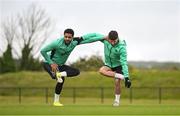 5 June 2025; Andrew Omobamidele, left, and Robbie Brady during a Republic of Ireland training session at the FAI National Training Centre in Abbotstown, Dublin. Photo by Stephen McCarthy/Sportsfile