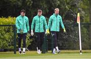 5 June 2025; Goalkeepers, from left, Max O'Leary, Josh Keeley and Caoimhin Kelleher during a Republic of Ireland training session at the FAI National Training Centre in Abbotstown, Dublin. Photo by Stephen McCarthy/Sportsfile