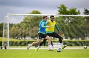 5 June 2025; Jason Knight and Andrew Omobamidele during a Republic of Ireland training session at the FAI National Training Centre in Abbotstown, Dublin. Photo by Stephen McCarthy/Sportsfile