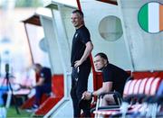 6 June 2025; Republic of Ireland U21's manager Jim Crawford, left, looks on from the dugout, alongside coach Stephen Rice, before the U21 international friendly match between Croatia and Republic of Ireland at Gradski Stadion in Zagreb, Croatia. Photo by Gerry Scully/Sportsfile