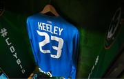 6 June 2025; A general view of the jersey of Josh Keeley in the Republic of Ireland dressing room before the international friendly match between Republic of Ireland and Senegal at the Aviva Stadium in Dublin. Photo by Stephen McCarthy/Sportsfile