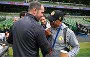 6 June 2025; Republic of Ireland assistant head coach John O'Shea, left, and Senegal advisor El-Hadji Diouf before the international friendly match between Republic of Ireland and Senegal at the Aviva Stadium in Dublin. Photo by Stephen McCarthy/Sportsfile