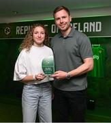 6 June 2025; Keelin Comiskey of Republic of Ireland is presented with the Girls' Under-16 International Player of the Year award by Republic of Ireland Under-16 Girls' head coach Tom Elmes during the 35th FAI International Awards at the Aviva Stadium in Dublin. Photo by David Fitzgerald/Sportsfile