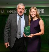 6 June 2025; Madison McGuane of Republic of Ireland is presented with the Womens' Under-17 International Player of the Year award by FAI President Paul Cooke during the 35th FAI International Awards at the Aviva Stadium in Dublin. Photo by David Fitzgerald/Sportsfile