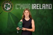 6 June 2025; Madison McGuane of Republic of Ireland with her Womens' Under-17 International Player of the Year during the 35th FAI International Awards at the Aviva Stadium in Dublin. Photo by David Fitzgerald/Sportsfile