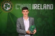 6 June 2025; Rhys Knight of Clonkeen College Blackrock, Dublin, with his Boys' Under-18 Schools International Player of the Year award during the 35th FAI International Awards at the Aviva Stadium in Dublin. Photo by David Fitzgerald/Sportsfile