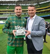 6 June 2025; Matt Doherty of Republic of Ireland is presented with his 50th cap by Shay Given before the international friendly match between Republic of Ireland and Senegal at the Aviva Stadium in Dublin. Photo by Stephen McCarthy/Sportsfile