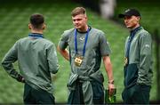 6 June 2025; Andrew Moran, left, Evan Ferguson, centre, and Will Smallbone of Republic of Ireland before the international friendly match between Republic of Ireland and Senegal at the Aviva Stadium in Dublin. Photo by Ben McShane/Sportsfile
