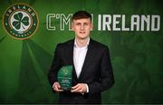 6 June 2025; Freddie Turley of Republic of Ireland with his Mens' Under-19 International Player of the Year award during the 35th FAI International Awards at the Aviva Stadium in Dublin. Photo by David Fitzgerald/Sportsfile