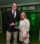 6 June 2025; Former Republic of Ireland footballer Olivia O'Toole is presented with the Hall of Fame award by FAI chief executive officer David Courell during the 35th FAI International Awards at the Aviva Stadium in Dublin. Photo by David Fitzgerald/Sportsfile
