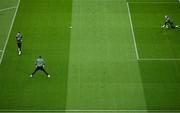 6 June 2025; Republic of Ireland goalkeepers, from left, Max O'Leary, Josh Keeley, centre, and Caoimhin Kelleher warm-up before the international friendly match between Republic of Ireland and Senegal at the Aviva Stadium in Dublin. Photo by Piaras Ó Mídheach/Sportsfile