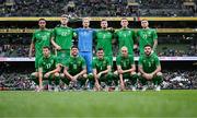 6 June 2025; The Republic of Ireland team, back row, from left, Adam Idah, Nathan Collins, Caoimhin Kelleher, Matt Doherty, Dara O'Shea and Jack Taylor; front row, from left, Kasey McAteer, Robbie Brady, Jason Knight, Will Smallbone and Ryan Manning; before the international friendly match between Republic of Ireland and Senegal at the Aviva Stadium in Dublin. Photo by Stephen McCarthy/Sportsfile