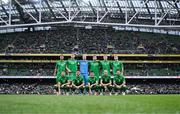 6 June 2025; The Republic of Ireland team, back row, from left, Adam Idah, Nathan Collins, Caoimhin Kelleher, Matt Doherty, Dara O'Shea and Jack Taylor; front row, from left, Kasey McAteer, Robbie Brady, Jason Knight, Will Smallbone and Ryan Manning; before the international friendly match between Republic of Ireland and Senegal at the Aviva Stadium in Dublin. Photo by Stephen McCarthy/Sportsfile