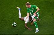 6 June 2025; Abdallah Sima of Senegal in action against Nathan Collins of Republic of Ireland during the international friendly match between Republic of Ireland and Senegal at the Aviva Stadium in Dublin. Photo by Piaras Ó Mídheach/Sportsfile