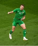 6 June 2025; Kasey McAteer of Republic of Ireland celebrates after scoring his side's first goal during the international friendly match between Republic of Ireland and Senegal at the Aviva Stadium in Dublin. Photo by Piaras Ó Mídheach/Sportsfile