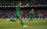 6 June 2025; Kasey McAteer of Republic of Ireland celebrates after scoring his side's first goal during the international friendly match between Republic of Ireland and Senegal at the Aviva Stadium in Dublin. Photo by Stephen McCarthy/Sportsfile