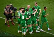 6 June 2025; Kasey McAteer of Republic of Ireland, 17,celebrates with team-mates after scoring their side's first goal during the international friendly match between Republic of Ireland and Senegal at the Aviva Stadium in Dublin. Photo by Piaras Ó Mídheach/Sportsfile