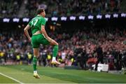 6 June 2025; Kasey McAteer of Republic of Ireland celebrates after scoring his side's first goal during the international friendly match between Republic of Ireland and Senegal at the Aviva Stadium in Dublin. Photo by Stephen McCarthy/Sportsfile