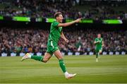 6 June 2025; Kasey McAteer of Republic of Ireland celebrates after scoring his side's first goal during the international friendly match between Republic of Ireland and Senegal at the Aviva Stadium in Dublin. Photo by Stephen McCarthy/Sportsfile
