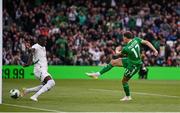 6 June 2025; Kasey McAteer of Republic of Ireland scores his side's first goal during the international friendly match between Republic of Ireland and Senegal at the Aviva Stadium in Dublin. Photo by Stephen McCarthy/Sportsfile