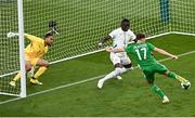 6 June 2025; Kasey McAteer of Republic of Ireland shoots to score his side's first goal during the international friendly match between Republic of Ireland and Senegal at the Aviva Stadium in Dublin. Photo by Piaras Ó Mídheach/Sportsfile