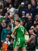 6 June 2025; Kasey McAteer of Republic of Ireland is congratulated by Dara O'Shea, left, after scoring their side's first goal during the international friendly match between Republic of Ireland and Senegal at the Aviva Stadium in Dublin. Photo by Ben McShane/Sportsfile