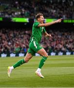 6 June 2025; Kasey McAteer of Republic of Ireland celebrates after scoring his side's first goal during the international friendly match between Republic of Ireland and Senegal at the Aviva Stadium in Dublin. Photo by Stephen McCarthy/Sportsfile