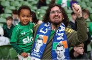 6 June 2025; Republic of Ireland supporters Conor Sweeney, and his son Daithi Nzyaura-Sweeney, age 4, who's birthday is today, during the international friendly match between Republic of Ireland and Senegal at the Aviva Stadium in Dublin. Photo by Michael P Ryan/Sportsfile
