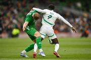 6 June 2025; Nathan Collins of Republic of Ireland in action against Boulaye Dia of Senegal during the international friendly match between Republic of Ireland and Senegal at the Aviva Stadium in Dublin. Photo by David Fitzgerald/Sportsfile