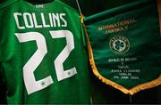 6 June 2025; A general view of the jersey of Nathan Collins in the Republic of Ireland dressing room before the international friendly match between Republic of Ireland and Senegal at the Aviva Stadium in Dublin. Photo by Stephen McCarthy/Sportsfile