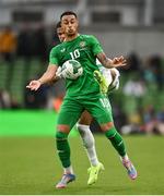 6 June 2025; Adam Idah of Republic of Ireland in action against Ismail Jakobs of Senegal during the international friendly match between Republic of Ireland and Senegal at the Aviva Stadium in Dublin. Photo by David Fitzgerald/Sportsfile
