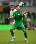 6 June 2025; Adam Idah of Republic of Ireland in action against Ismail Jakobs of Senegal during the international friendly match between Republic of Ireland and Senegal at the Aviva Stadium in Dublin. Photo by David Fitzgerald/Sportsfile
