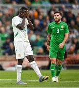 6 June 2025; Antoine Mendy of Senegal reacts to a missed opportunity during the international friendly match between Republic of Ireland and Senegal at the Aviva Stadium in Dublin. Photo by David Fitzgerald/Sportsfile