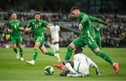6 June 2025; Matt Doherty of Republic of Ireland in action against Habib Diarra of Senegal during the international friendly match between Republic of Ireland and Senegal at the Aviva Stadium in Dublin. Photo by David Fitzgerald/Sportsfile