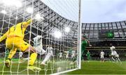 6 June 2025; Kasey McAteer of Republic of Ireland scores his side's first goal during the international friendly match between Republic of Ireland and Senegal at the Aviva Stadium in Dublin. Photo by Ben McShane/Sportsfile