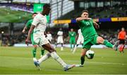 6 June 2025; Abdallah Sima of Senegal in action against Robbie Brady of Republic of Ireland during the international friendly match between Republic of Ireland and Senegal at the Aviva Stadium in Dublin. Photo by Michael P Ryan/Sportsfile