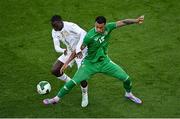 6 June 2025; Adam Idah of Republic of Ireland in action against Habib Diarra of Senegal during the international friendly match between Republic of Ireland and Senegal at the Aviva Stadium in Dublin. Photo by Piaras Ó Mídheach/Sportsfile