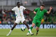 6 June 2025; Lamine Camara Mamadou of Senegal in action against Ryan Manning of Republic of Ireland during the international friendly match between Republic of Ireland and Senegal at the Aviva Stadium in Dublin. Photo by Stephen McCarthy/Sportsfile