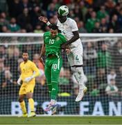 6 June 2025; Adam Idah of Republic of Ireland in action against Abdoulaye Seck of Senegal during the international friendly match between Republic of Ireland and Senegal at the Aviva Stadium in Dublin. Photo by Ben McShane/Sportsfile