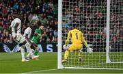 6 June 2025; Ryan Manning of Republic of Ireland shoots wide of goal during the international friendly match between Republic of Ireland and Senegal at the Aviva Stadium in Dublin. Photo by Stephen McCarthy/Sportsfile
