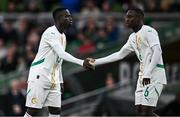 6 June 2025; Krépin Diatta, left, and Habib Diarra of Senegal during the international friendly match between Republic of Ireland and Senegal at the Aviva Stadium in Dublin. Photo by Ben McShane/Sportsfile