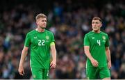 6 June 2025; Nathan Collins, left, and Dara O'Shea of Republic of Ireland during the international friendly match between Republic of Ireland and Senegal at the Aviva Stadium in Dublin. Photo by Stephen McCarthy/Sportsfile