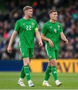 6 June 2025; Nathan Collins, left, and Dara O'Shea of Republic of Ireland during the international friendly match between Republic of Ireland and Senegal at the Aviva Stadium in Dublin. Photo by Stephen McCarthy/Sportsfile