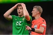 6 June 2025; Nathan Collins of Republic of Ireland reacts during the international friendly match between Republic of Ireland and Senegal at the Aviva Stadium in Dublin. Photo by Stephen McCarthy/Sportsfile