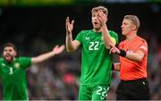 6 June 2025; Nathan Collins of Republic of Ireland reacts during the international friendly match between Republic of Ireland and Senegal at the Aviva Stadium in Dublin. Photo by Stephen McCarthy/Sportsfile