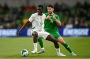 6 June 2025; Ismaïla Sarr of Senegal in action against Robbie Brady of Republic of Ireland during the international friendly match between Republic of Ireland and Senegal at the Aviva Stadium in Dublin. Photo by David Fitzgerald/Sportsfile